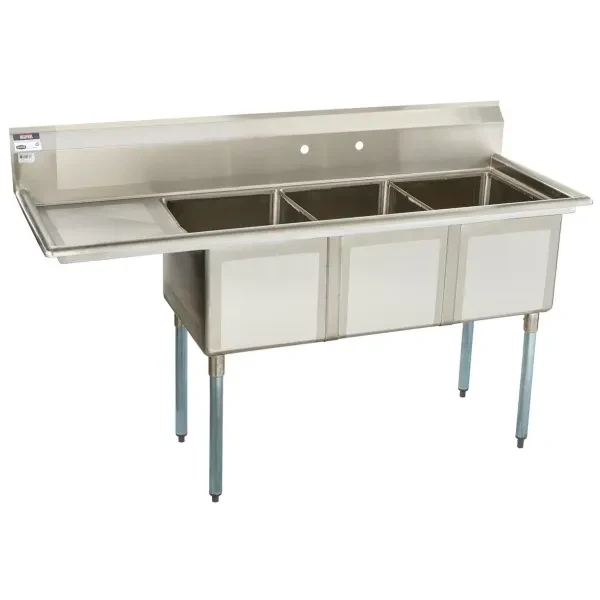Sauber 3-Compartment Stainless Steel Sink with 18" Drain Board on Left 68-1/2"W