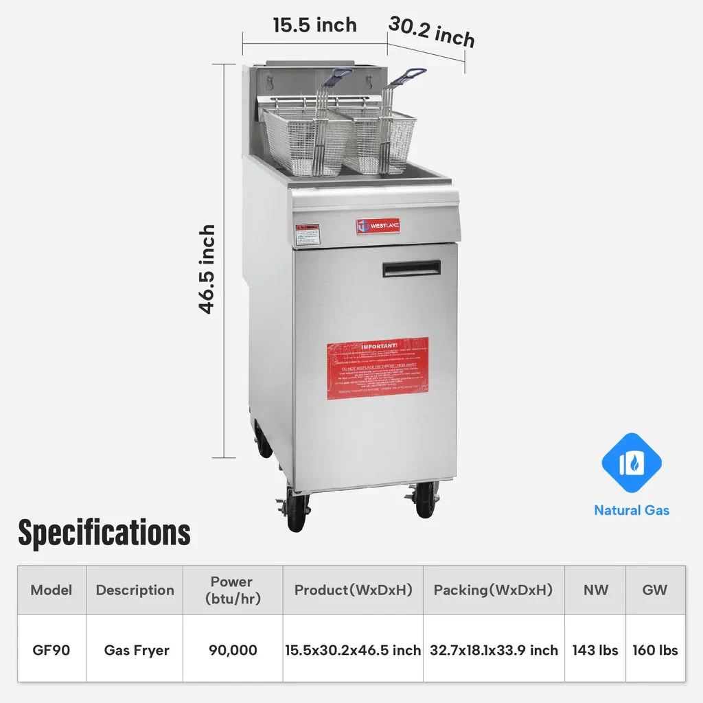 Westlake GF90 Deep Fryer 15.5" 90,000 Btu 40 lb Oil Capacity — view 2