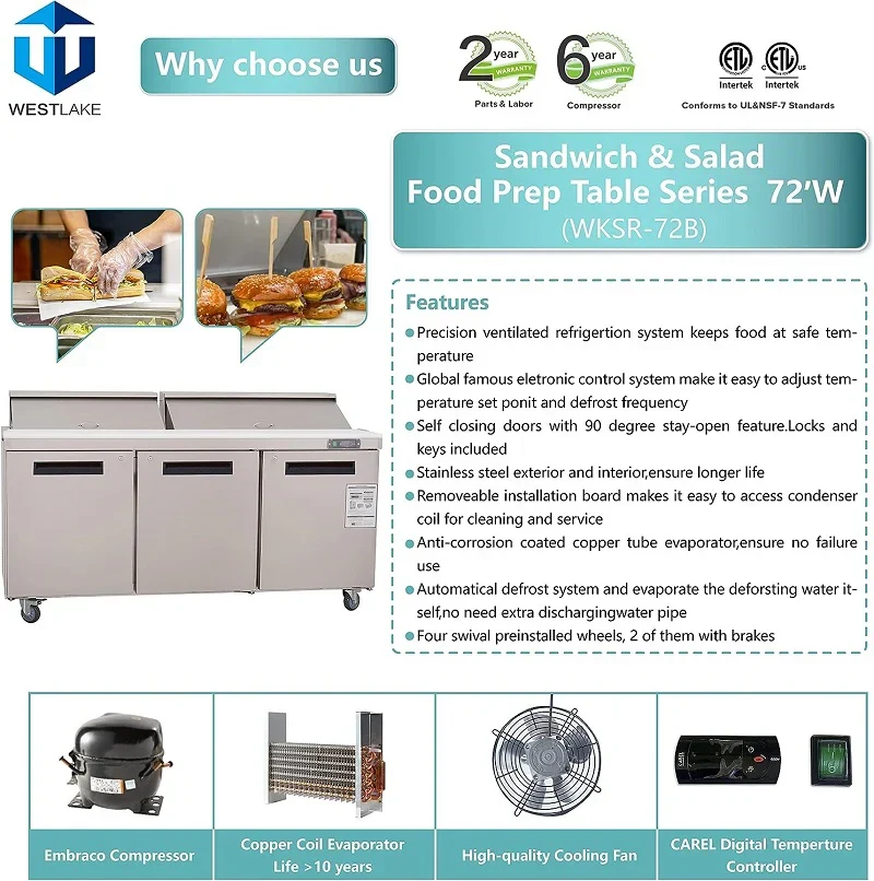 Westlake WKSR-72B Salad Prep Table Refrigerator 3 Door 33-40°F — view 4