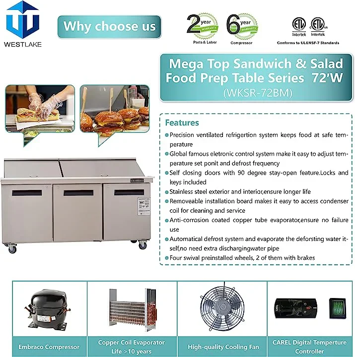 Westlake WKSR-72BM Salad Prep Table Refrigerator 3 Door 33-40°F — view 4