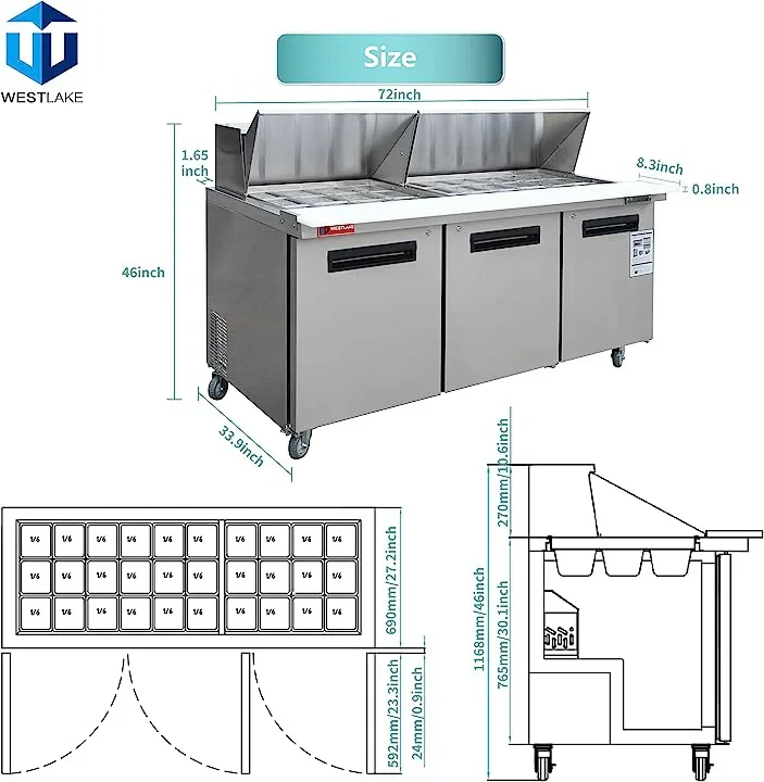 Westlake WKSR-72BM Salad Prep Table Refrigerator 3 Door 33-40°F — view 3
