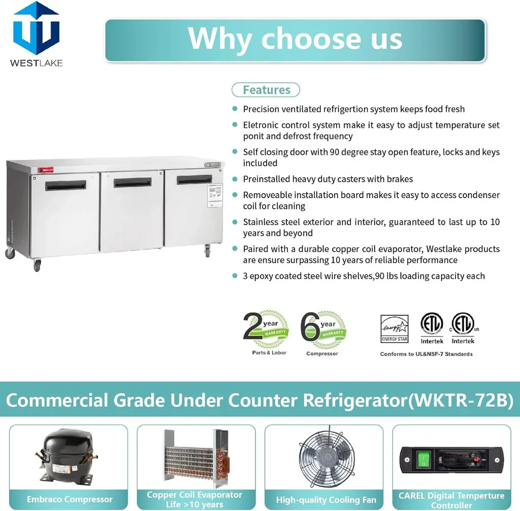 WestlakeWKTR-72B Undercounter Refrigerator 3 Door 33-40°F — view 4