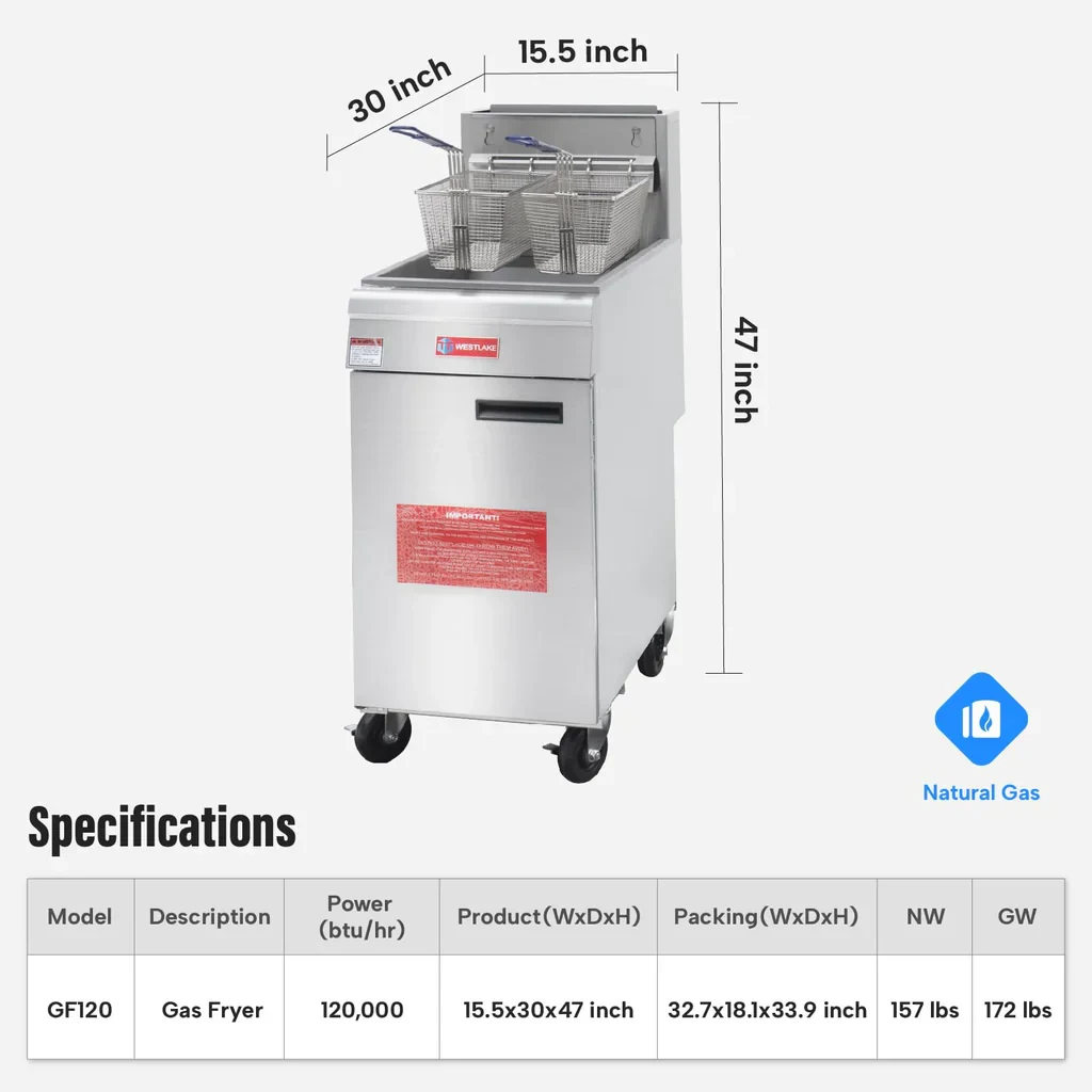 Westlake GF120 Deep Fryer 15.5" 120,000 Btu 50 lb Oil Capacity — view 2