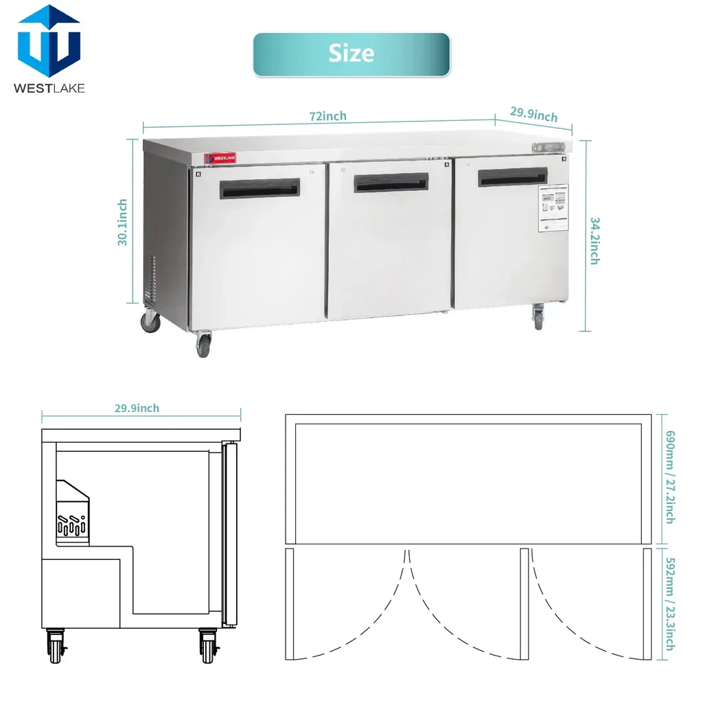WestlakeWKTR-72B Undercounter Refrigerator 3 Door 33-40°F — view 2