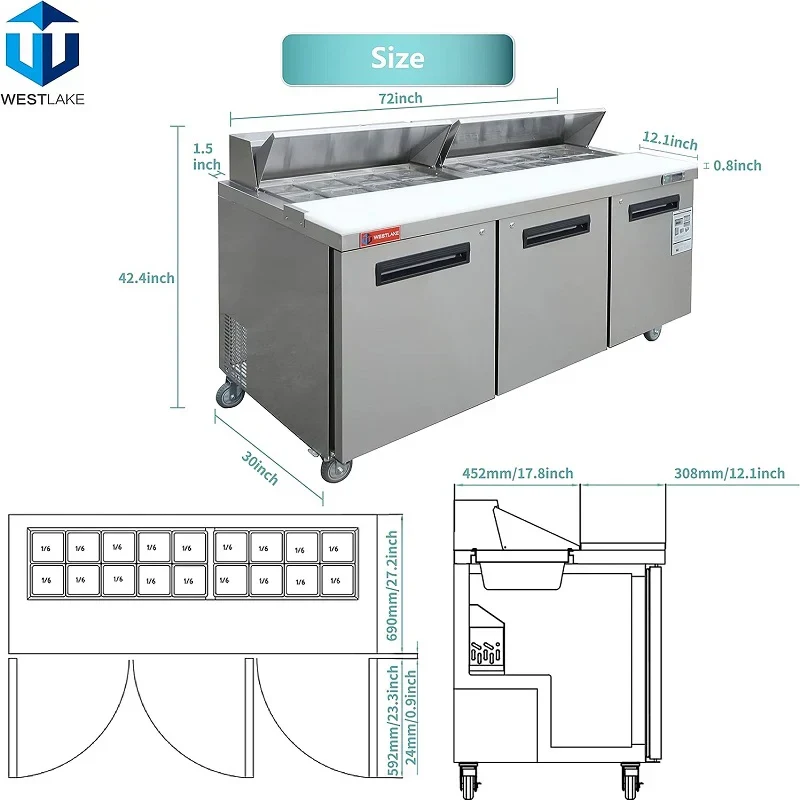 Westlake WKSR-72B Salad Prep Table Refrigerator 3 Door 33-40°F — view 3
