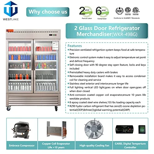 Westlake WKR-49BG Glass Door Merchandiser Refrigerator 2 Door 33-40°F — view 8